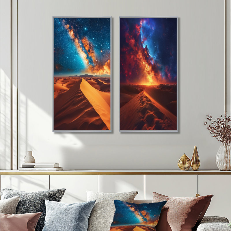 Galxy sur les dunes en Afrique I - collection d'art mural 2 panneaux, H 40 po x l 41 po, Encadrement argenté
