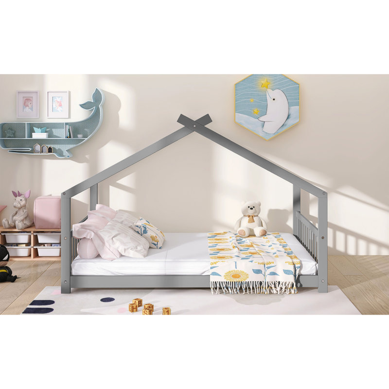 Lit double en bois, gris, Gris, Lit double