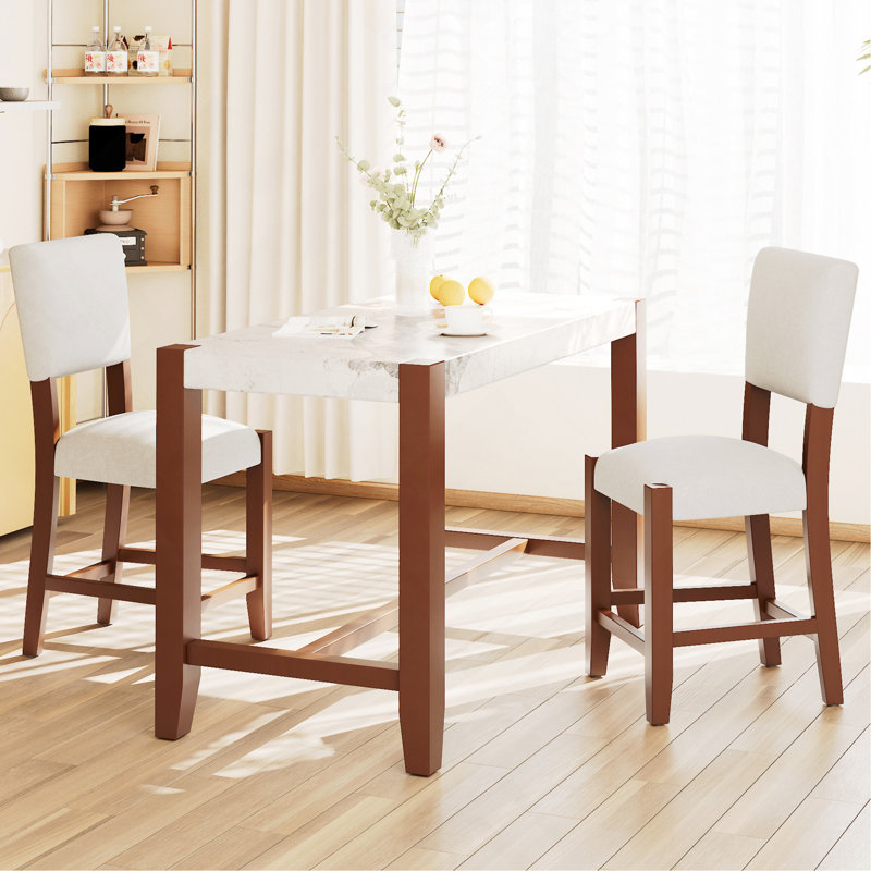 Ensemble de table de salle à manger 3 pièces à hauteur de comptoir pour 2 personnes, table de bar en faux marbre et 2 chaises rembourrées, ensemble de salle à manger moderne de style Mid-Century pour la salle à manger, cuisine de pub, petite place