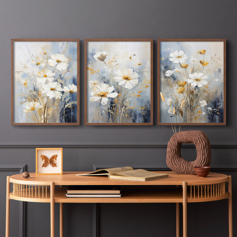 Floral Study Series XCV -Set de 3 estampes numériques giclées -Prêt à accrocher, Cadre noyer, H 20 po x l 16 po