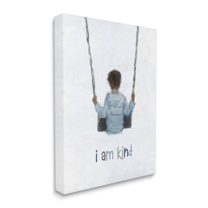 «I am Kind Motivational Child jouant sur la balançoire» par Sally Swatland - cadre flottant, impression sur toile
