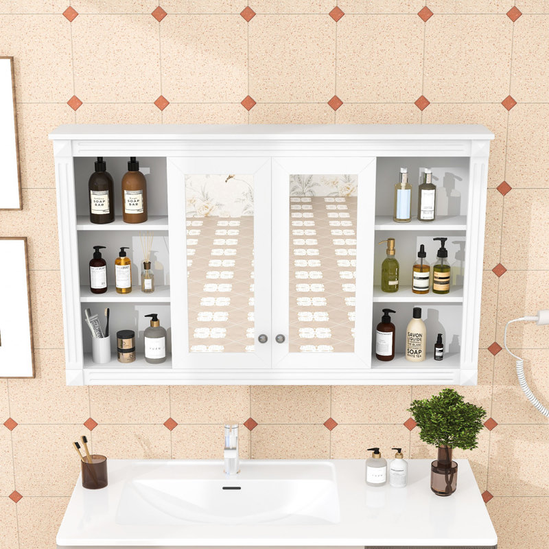 Armoire de rangement murale à miroir avec intérieur réglable et tablettes ouvertes, Blanc