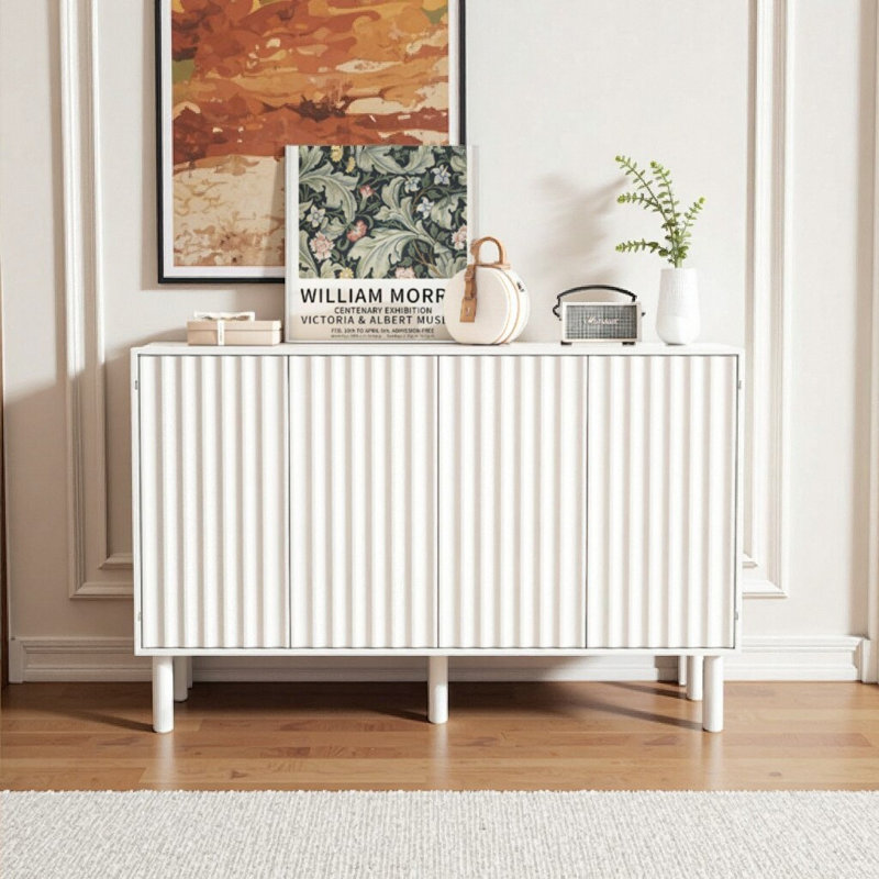 Minimalist Shoe Cabinet With 5 Solid Wood Legs, Sideboard Buffet Cabinet With Fluted Doors, Large 4-Door Storage Cabinet With Adjustable Shelves