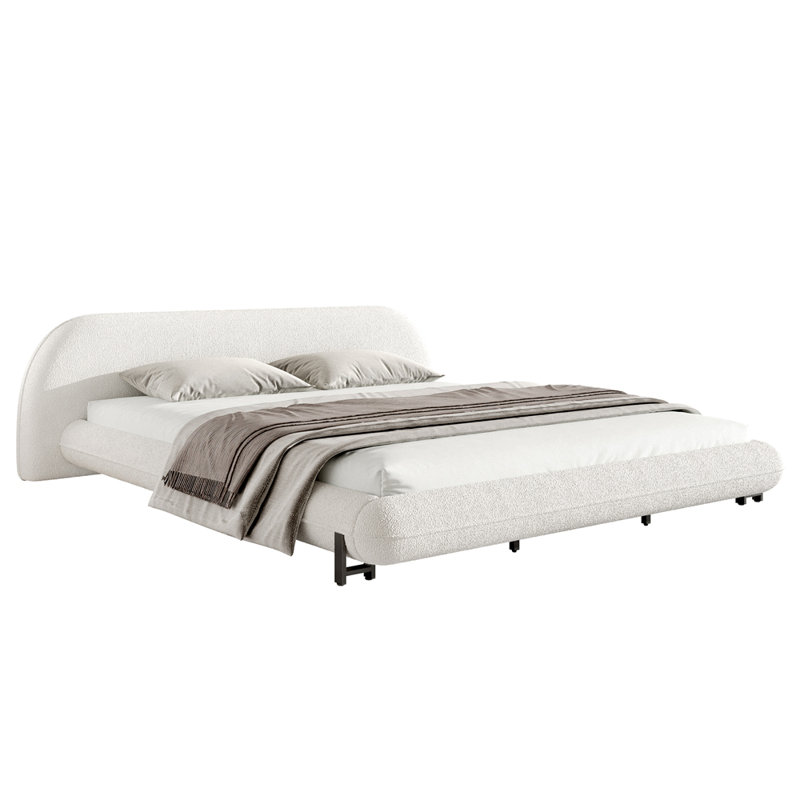 Structure de lit en tissu bouclé, lit plateforme tapissier avec forme courbée et tête de lit épaisse, blanc, Très grand