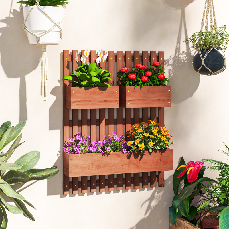 Outsunny Wall-mounted Wooden Garden Planters with Trellis, Brown