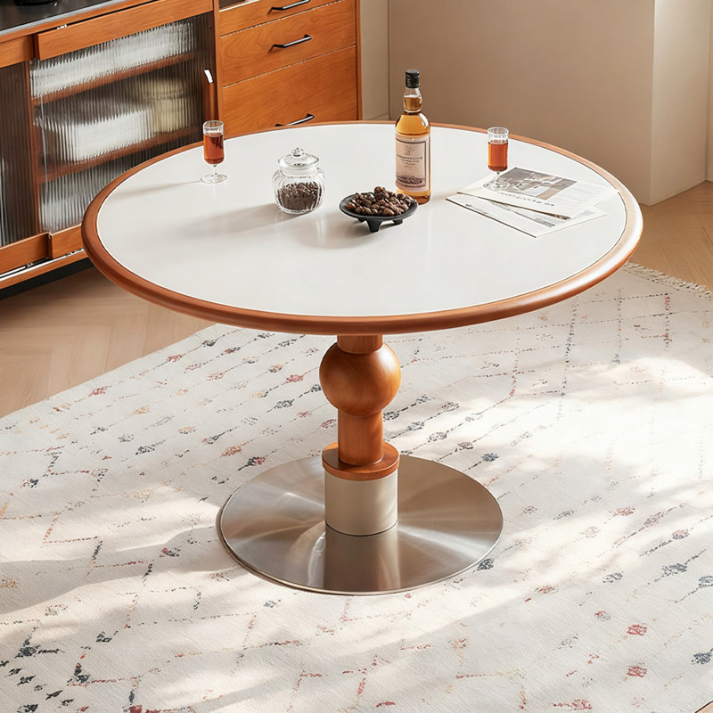 White&Walnut Round Sintered Stone Dining table, 29.53"H x 39.37"L x 39.37"W