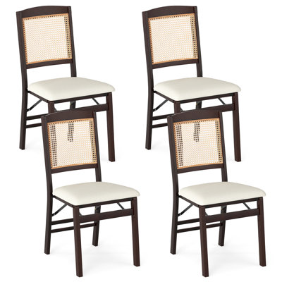 Ensemble de 4 chaises de salle à manger pliantes avec siège rembourré en lin et dossier en rotin pour cuisine et café naturel