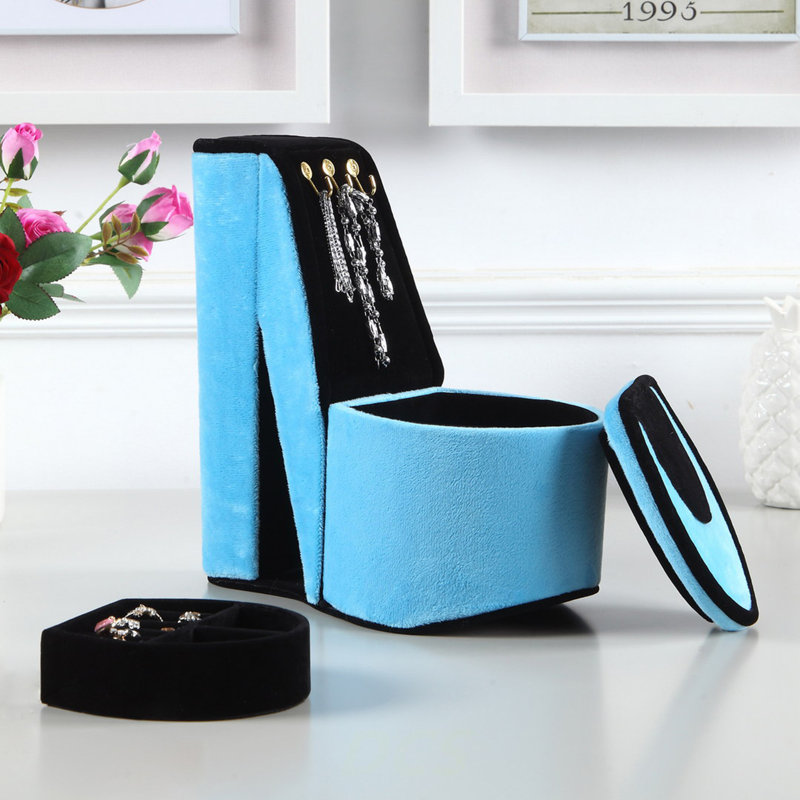 9" Tall Display Jewelry Box With Hooks, High Heel Shoe Design, Turquoise Velvet, Shoe Storage, Turquoise