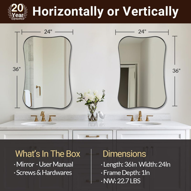 Modern Dual Concave Scalloped Rectangle Bathroom Vanity Mirror | Stainless Steel Frame, Polished Chrome, 36" x 24"