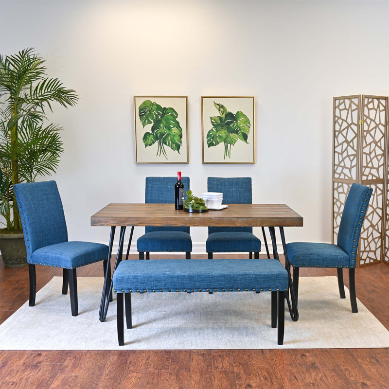 Dining Table Set, Dining Table With Chairs, 6 Pieces: Table, 4 Chairs, Bench, Blue