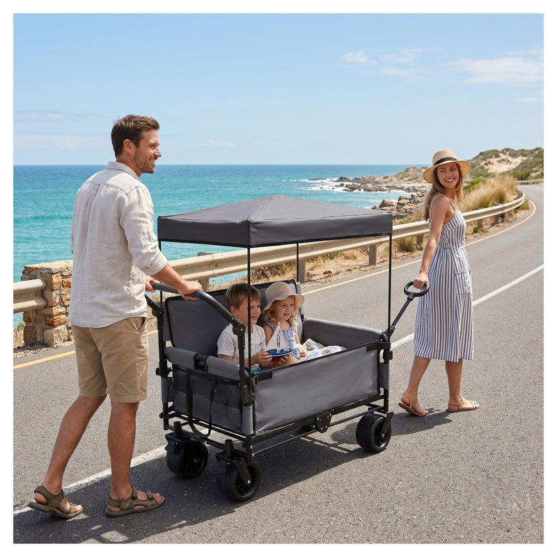 3-in-1 Folding Wagon Cart with Bench Seat, Canopy, and Storage Bin - Gray Steel Frame