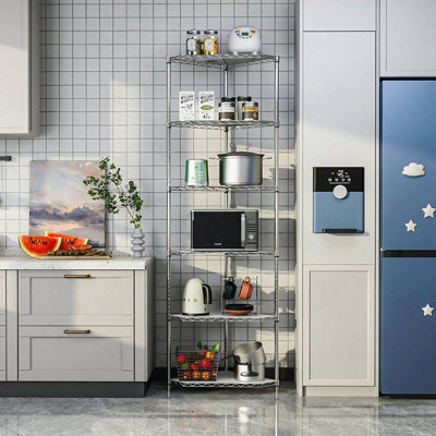 Étagère de coin en métal à 6 niveaux Tablettes pentagonales Étagères de rangement en métal réglables en métal robustes et autoportantes pour salle de bain, salon, cuisine - Chrome