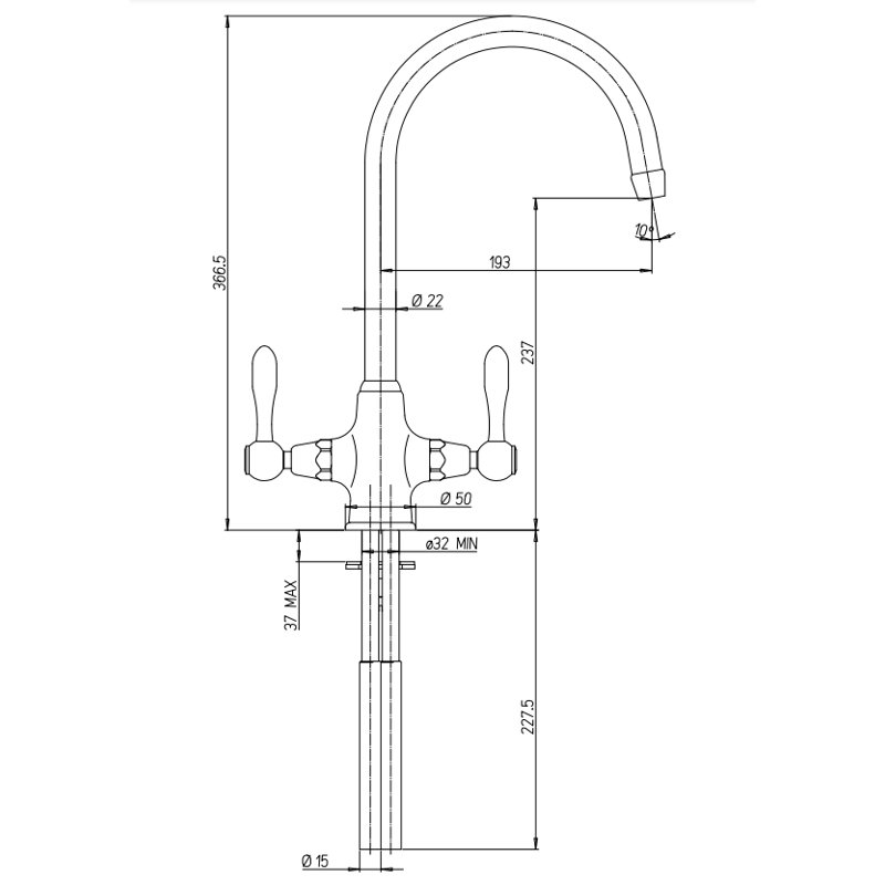 Swan Solid Twin Lever Monobloc Tap, Chrome