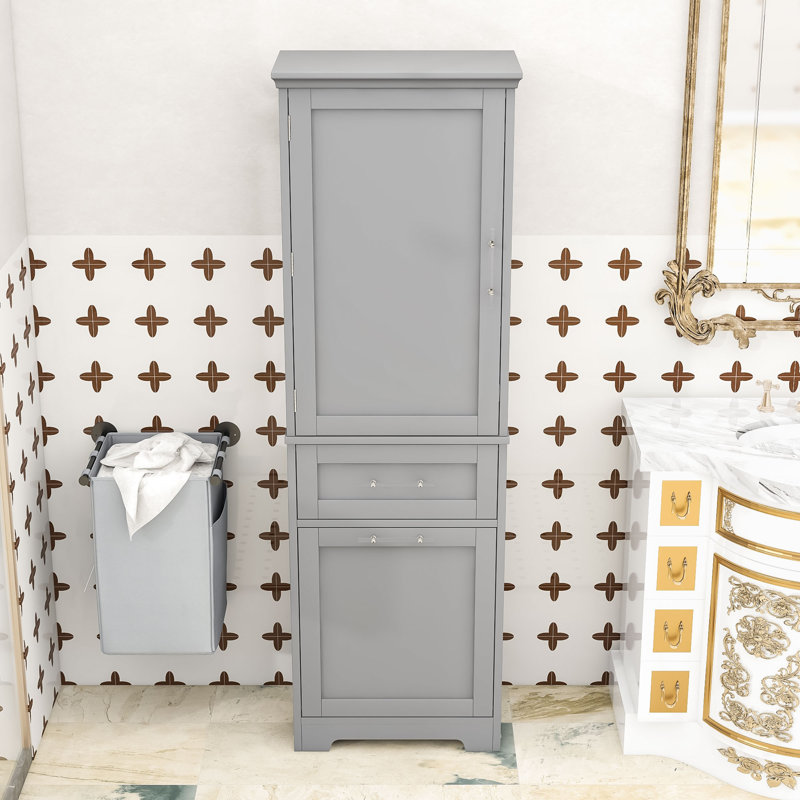 Grande armoire de salle de bain sur pieds avec tiroirs de rangement et tablette ajustable Brasby, Gris
