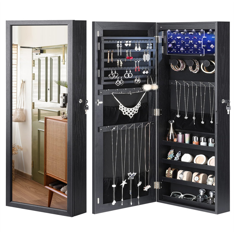 Coffret à bijoux compact, de style moderne et rétro, fixé à la porte / au mur, Noir