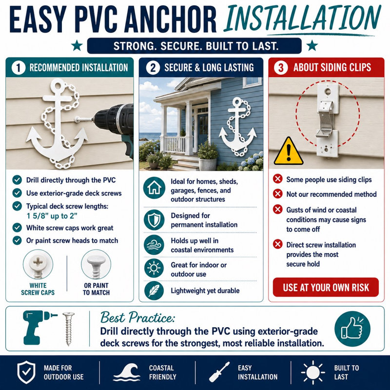 Décoration murale extérieure ancre nautique avec chaîne - PVC résistant aux intempéries - Style bord de mer, 18 po