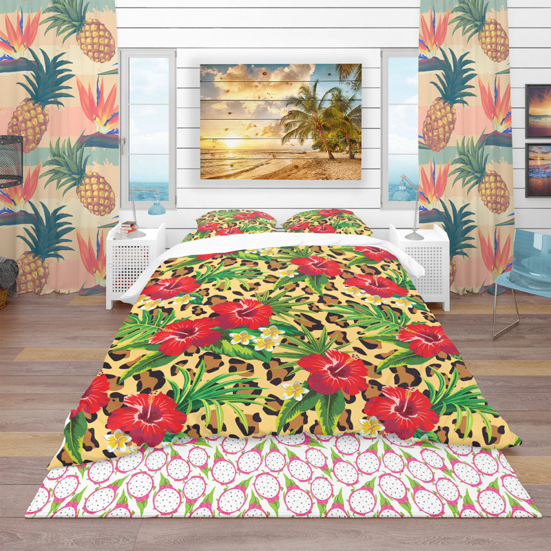 Ensemble de housse de couette tropical, Housse simple + 1 taie décorative