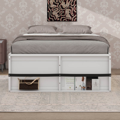 Wooden Platform Bed With Bookshelf, LED Lights, Display Cabinet & Drawer, Solid Wood Storage Bed Frame