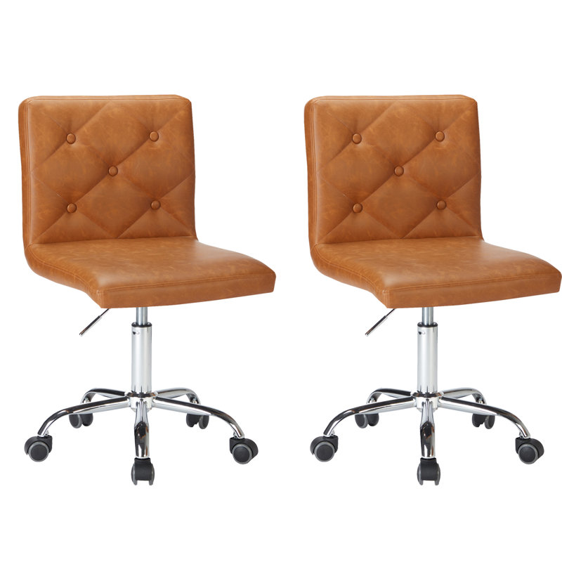 Armless Desk Chair Set Of 2, Mid Back Swivel Office Chair, Adjustable Task Chair With Rolling Wheels And Modern Tufted, Brown