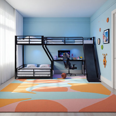 Metal Triple Bunk Bed With Slide And USB Ports, Space-Saving And Noise-Free Design