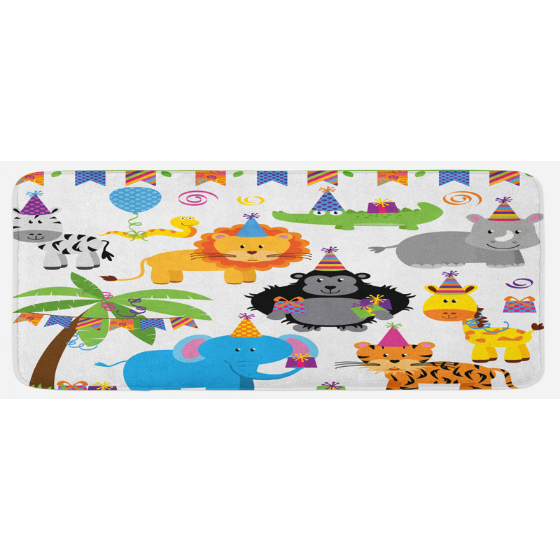 Tapis de noël sauvage safari dans un motif de dessin animé avec des chapeaux de noël image tapis de cuisine multicolore