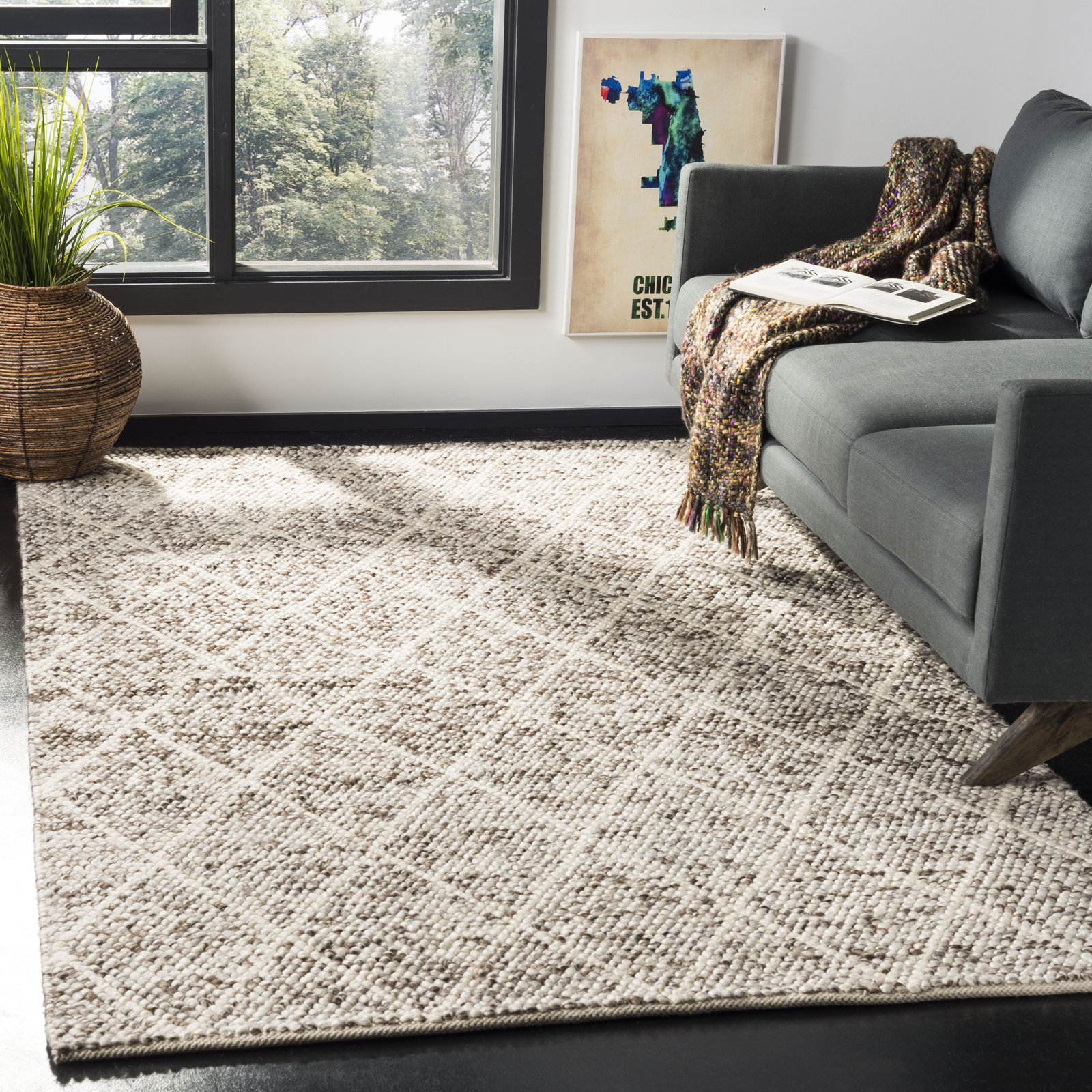 Huberty Brown Gray Hand-Woven Geometric Rug, Rectangle 6' x 9'