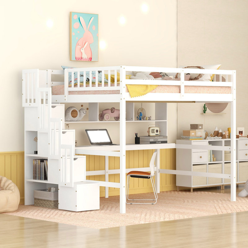 Full Size Loft Bed With Built-In Desk, Bookshelves And Storage Staircase
