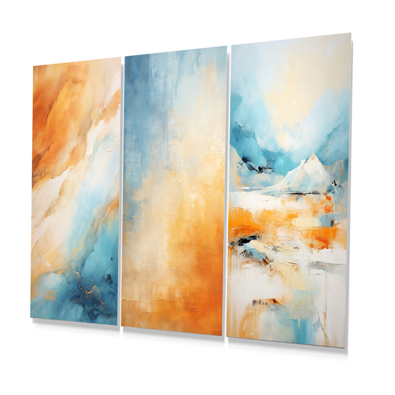 Mirage bleu et orange du désert II - Tachisme, ensemble de 3 impressions sur métal, H 28 po x l 36 po
