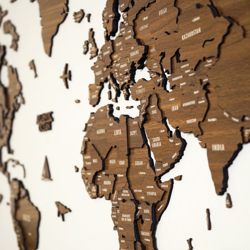 3D Wooden World Map Wall Art – Push Pin World Map Décor, Multisize Wooden Wall Map, 78.7" H x 41.1" W x 0.2" D, Light Brown