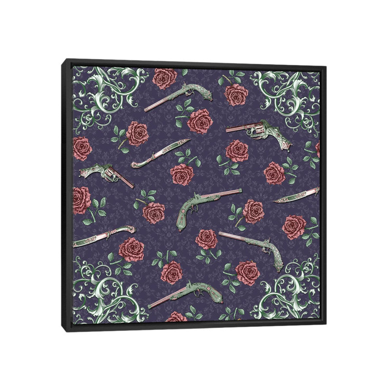 «Elegant Guns And Roses», impression sur toile, H 37 po x l 37 po x P 1,5 po, Toile encadrée noire, Pas de tapis