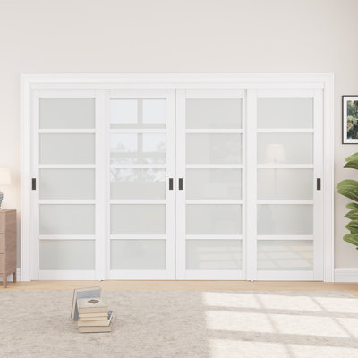 120“ x 80" 5 Lite Assembled Frosted Glass Double Sliding Closet Door with Hardware & Handles (No Assembly Required) Four Door Panels