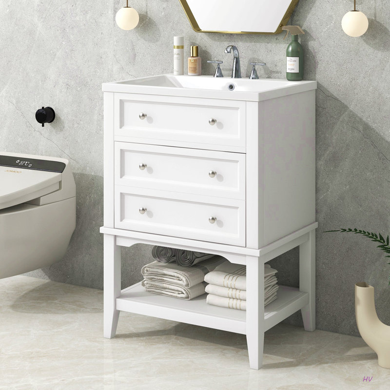 Meuble-lavabo 24 po avec lavabo, armoire de rangement avec tiroir et tablette ouverte, cadre en bois massif