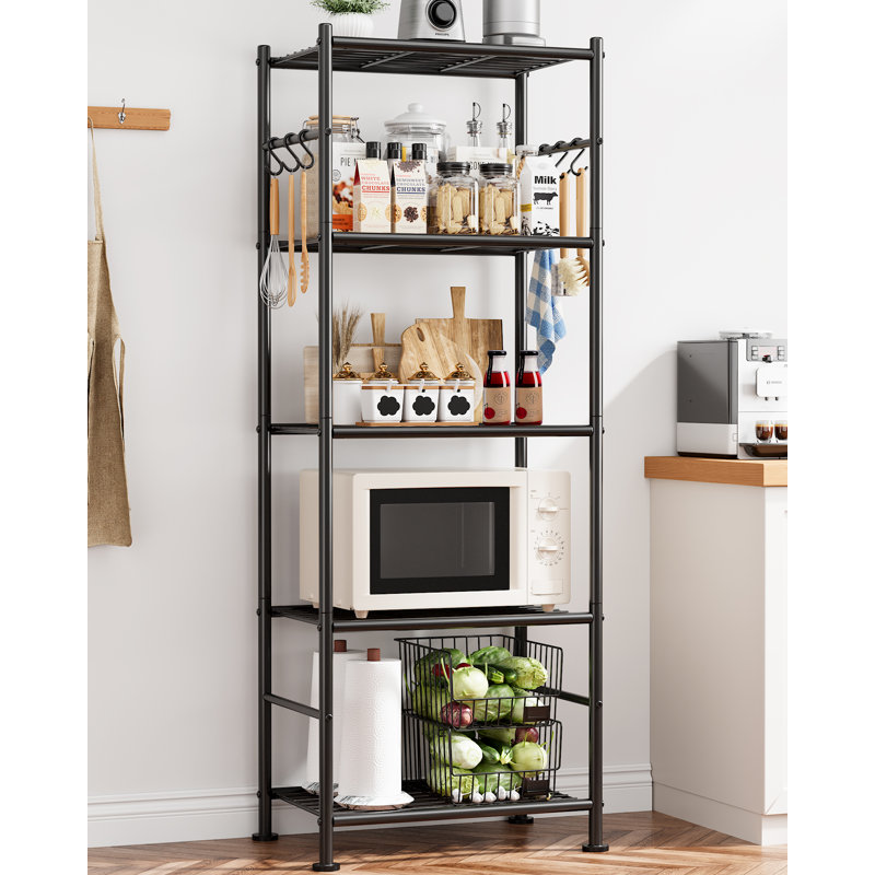 Storage Shelves - 5-Tier Large Capacity Shelf Organizer with Hooks, Heavy-Duty Garage Shelving with Leveling Feet, Wobble-Free Rack for Bedroom, Balcony, Garage, 18.1"×12.4"×56.8", Black