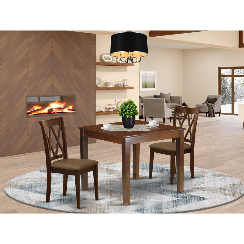 L'ensemble 3 pièces de table et chaises de cuisine contient une table de salle à manger carrée et 2 chaises de salle à manger en tissu de lin, acajou