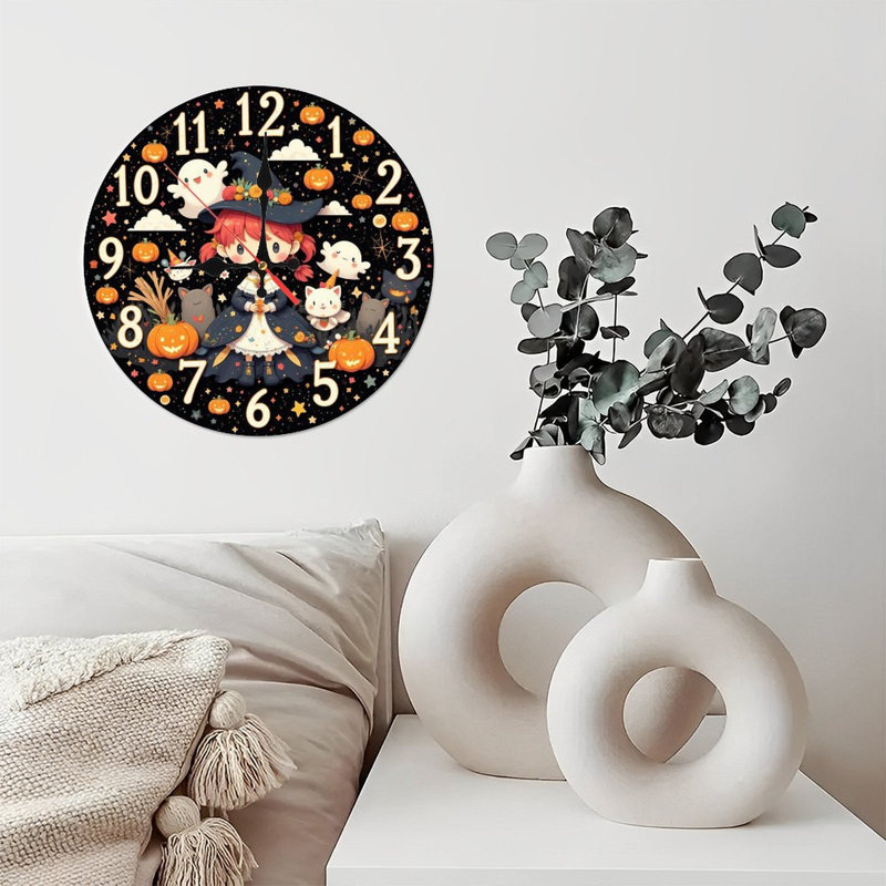 Witch Girl Clock With Pumpkins And Ghosts