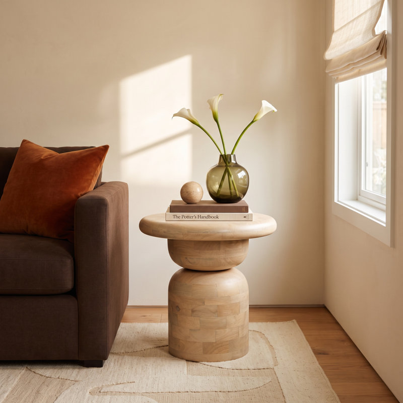 Round Mango Wood Accent Table with Stacked End Grain Base, Whitewash
