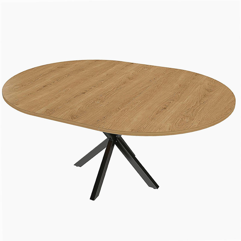 Extendable Round Dining Table for 2-6 Person, 43 to 58 Inch Oak Finish Expandable Table with Carbon Steel Base, Modern Space Saving Dining Room Furniture