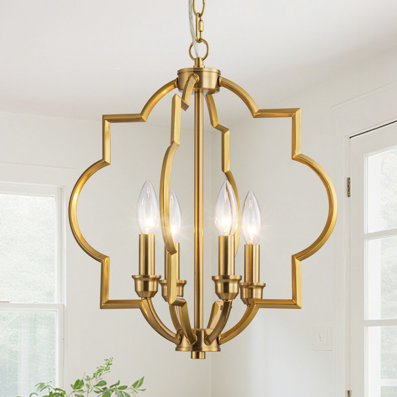 4-Light Brushed Gold Chandeliers for Dining Room, 15.6" Geometric Pendant Light Fixture, 4-Light