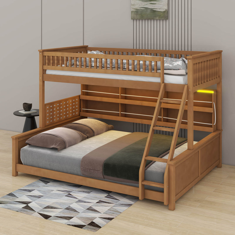 Cadre de lit superposé en bois avec tablettes de rangement latérales intégrées et corde anti-chute, lumières, panneau perforé