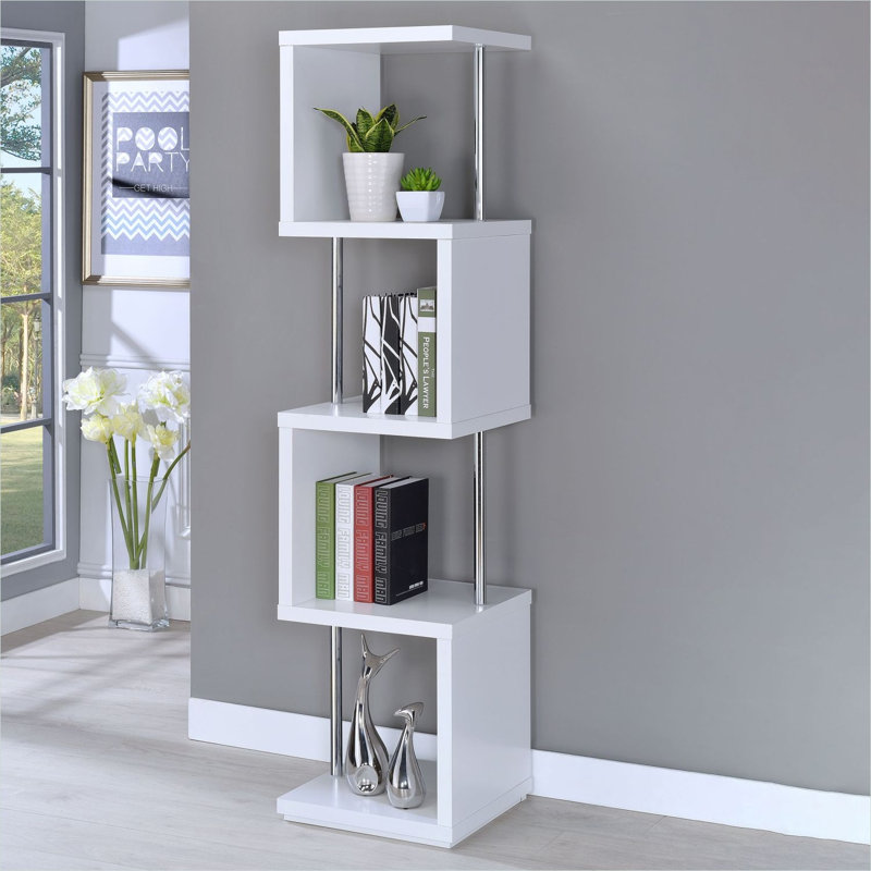 Bibliothèque géométrique à quatre niveaux avec structure en métal et étagères en MDF, encombrement au sol de seulement 39,4 cm (15,5 pouces) pour les petites pièces