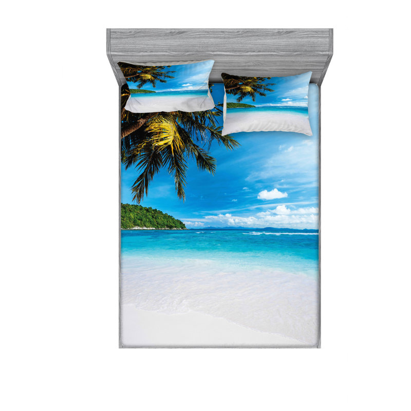 Ensemble de draps Exotic Beach with Sand and Palm Tree, Ensemble de draps pour lit double avec un drap-hou