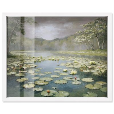 Serene Water Lilies Shadowbox Print Vintage Wall Decor by Art Remedy, White Frame, 36 x 30