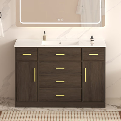 Meuble-lavabo autoportant 48 po avec 2 portes à fermeture douce et 6 tiroirs, armoire de rangement autoportante pour salle de bain moderne