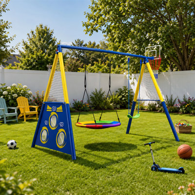5-in-1 Kids Outdoor Swing Set with Saucer Swing, Belt Swing, Basketball Hoop and Soccer Goal