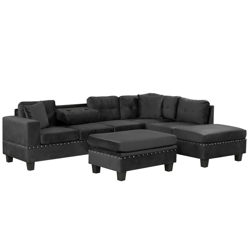 Canapé modulaire de 105 po avec repose-pieds avec rangement, canapé en L avec 2 coussins et porte-gobelets, canapé modulaire avec méridienne réversible pour le salon