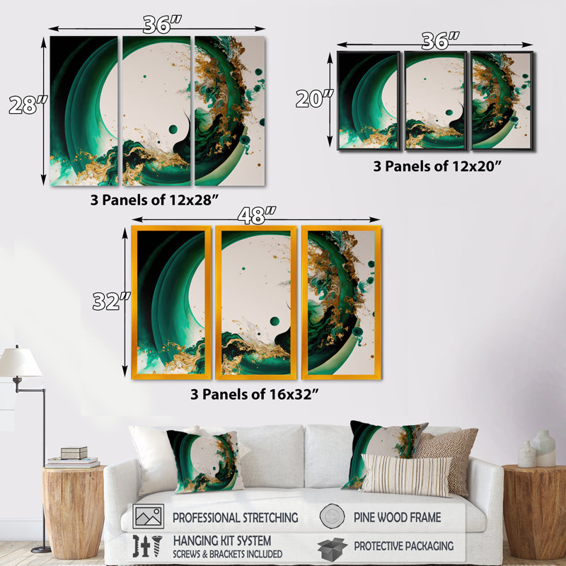 «Dojno Emerald Green and Gold Abstract Waves II», reproduction sur toile 3 pièces, H 28 po x l 36 po x P 1 po