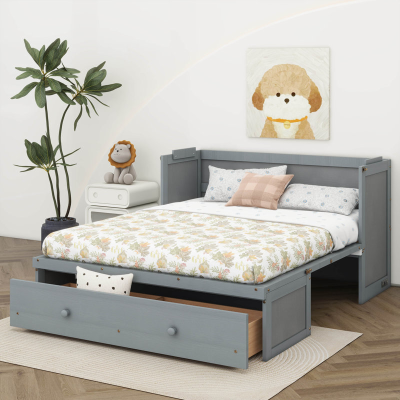 Lit escamotable avec tiroirs de rangement intégrés, gris, Double