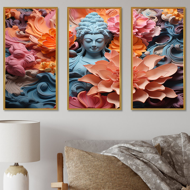 «Blooming Buddhism Statue I» - ensemble d'art mural bouddhisme, Cadre flottant doré, H 28 po x l 36 po