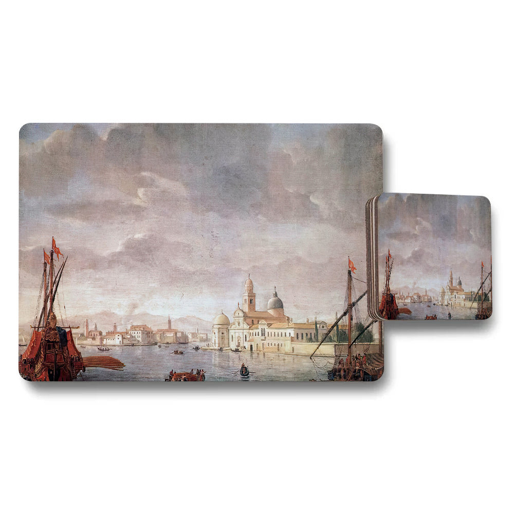 Venice Harbor Landscape Placemats And Coasters Set With Classic Art Print