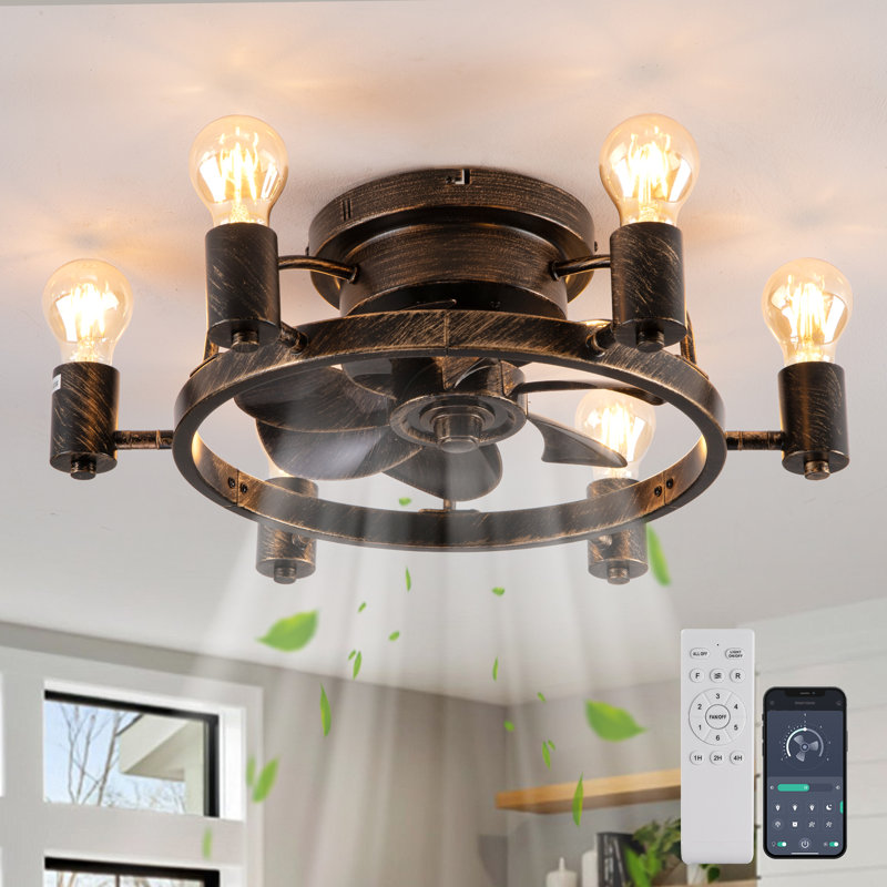 20.47" Farmhouse Reversible Caged Ceiling Fan with Light Kit and Remote, Black with Brushed Gold